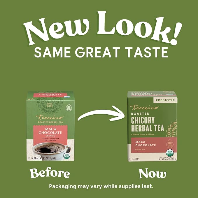 Teeccino Herbal Tea – Maca Chocolaté – 10 Tea Bags - Adaptogenic Peruvian Maca, Cacao, Chicory, Prebiotic, Caffeine Free, Acid Free, Coffee Alternative, (Pack of 4)