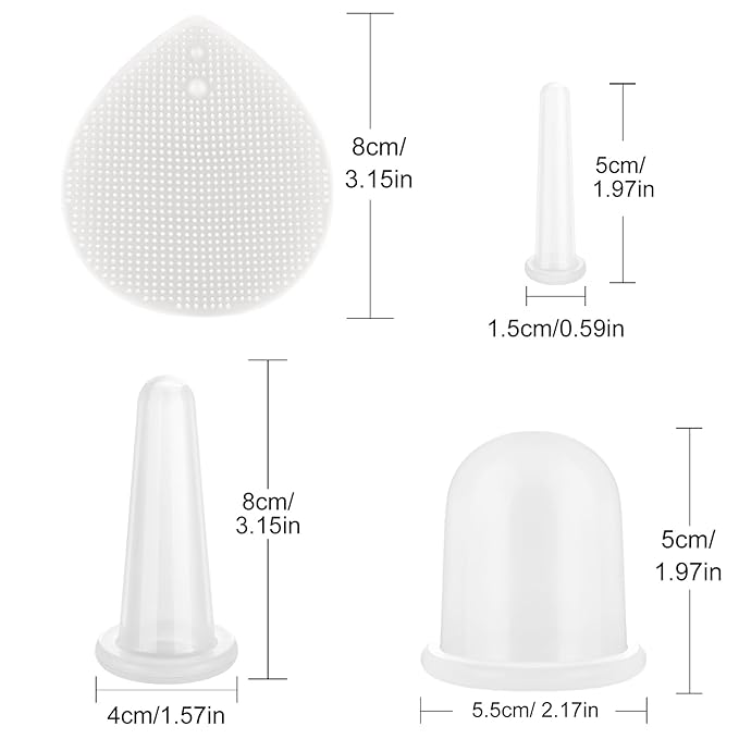 BBTO Silicone Facial Cupping Set, Vacuum Massage Cup Kit for Body, Face, Neck, Back, and Eye, 6 Cups and Exfoliating Brush (Clear)