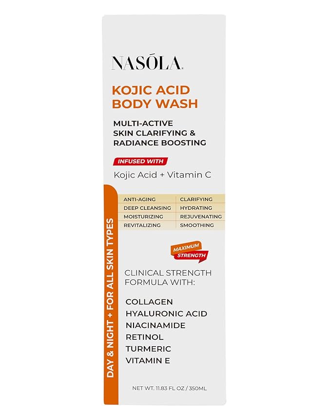 Nasola Kojic Acid Body Wash – Turmeric & Vitamin C Brightening Cleanser, Moisturizing Exfoliating Shower Gel for Women & Men – 11.8 fl oz