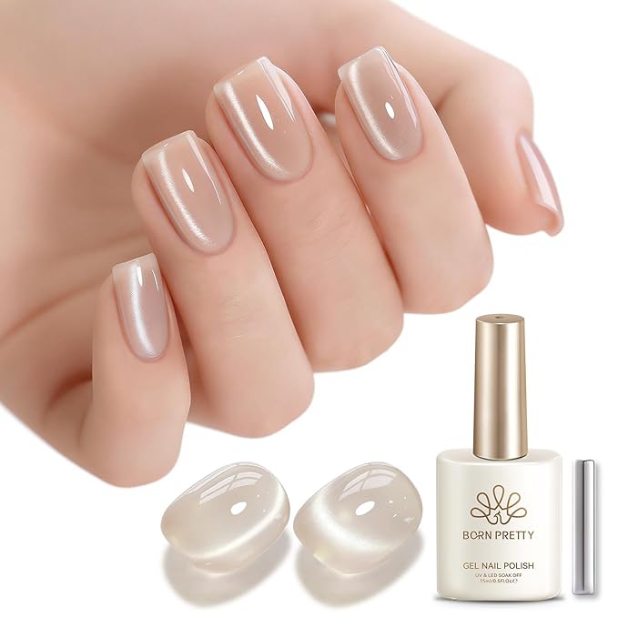 Born Pretty Glassy Cat Magnetic Eye Gel Nail Polish,Glitter Nude Jelly Translucent Magnetic Gel Polish,Soak Off U V LED Gels Nail Art Design Manicure Salon DIY Home 15ML