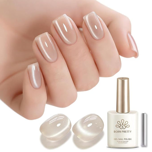 Born Pretty Glassy Cat Magnetic Eye Gel Nail Polish,Glitter Nude Jelly Translucent Magnetic Gel Polish,Soak Off U V LED Gels Nail Art Design Manicure Salon DIY Home 15ML