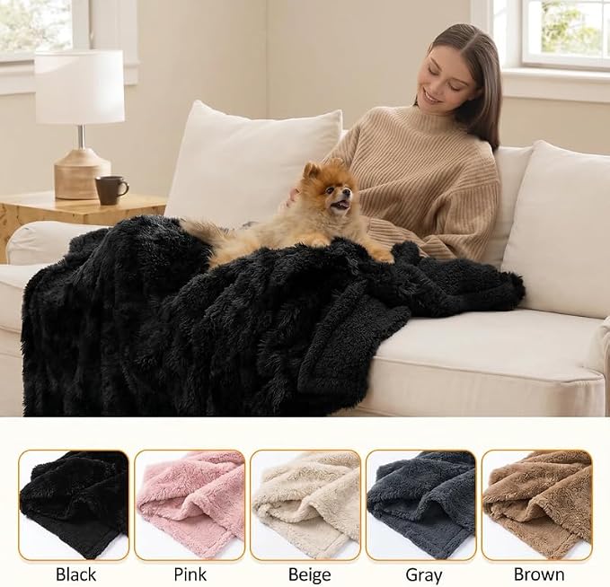 Waterproof Dog Blanket Pet Throw Blankets Fluffy Long Faux Fur Reversible Puppy Blankets 85x57in Furniture Protector Cover for Sofa Bed Couch Bed Cover Washable for Dogs Cats (Black XL)