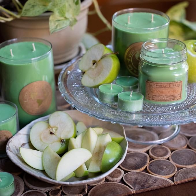 Eco Candle Co. Caramel Apple Tea Light Candles, 10-Pk, 9 Hr Burn Time | Scents of Granny Smith Apples and Creamy Caramel - Recyclable, No Lead, Kraft Paper Label & Lid, Hand Poured, Phthalate Free