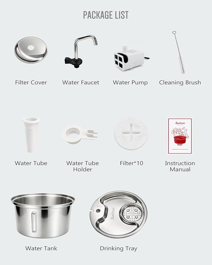 Dog Water Fountain Stainless Steel, 7L/1.8Gal Pet Fountain Water Bowl with Multi-Filtration & Deeper Drinking Aera, Large Cat Water Fountain with Water Window & LED (10 Filters 1 Fountain)