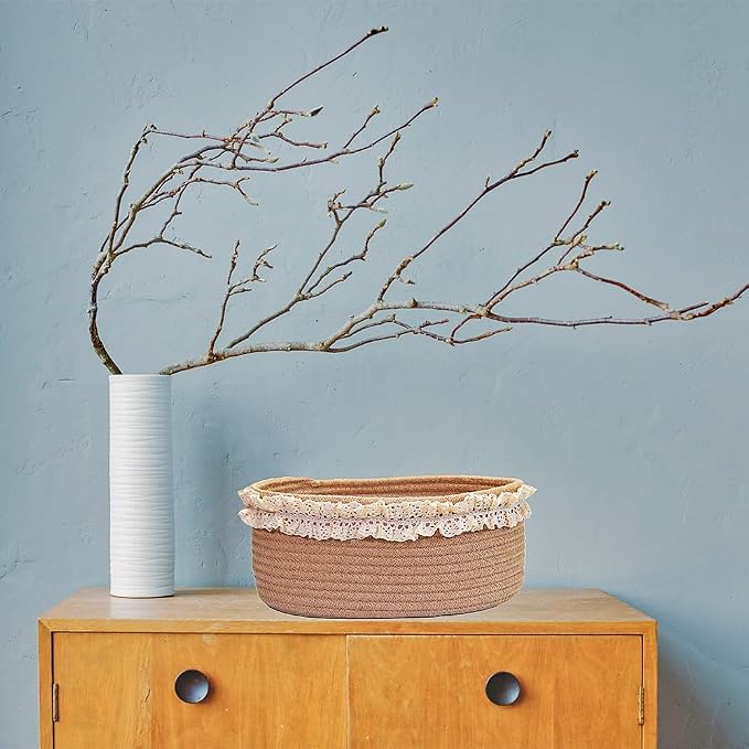Yimi's Dream Basket for Gifts Empty, Small Brown Storage Basket for Shelves | Cute Jute Woven Gift Basket with Handle for Easter, Baby Shower, Birthdays, Nursery, Families Decorative(Oval, 12"x 8"x 5")