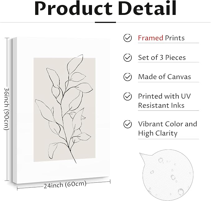 Youillne Neutral Botanical Prints Wall Art Decor Plant Minimalist Canvas Pictures Vintage Beige Wall Art Modern Farmhouse Line Poster Boho Abstract Painting Artwork for Bedroom 24x36 Inch Set of 3