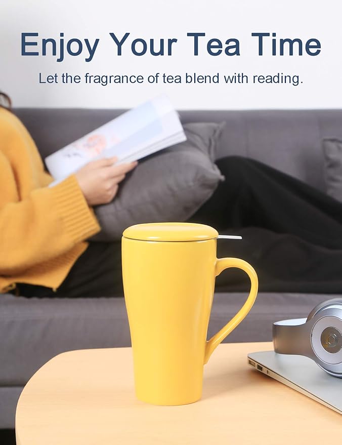 Tea Mug with Infuser and 2 Lids, 18oz Large Tea Infuser Cup, Tea Strainer Mug for Loose Leaf, Ceramic Travel Mug with Teabag Holder (Yellow)