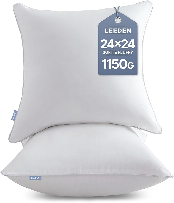 Leeden 24 x 24 Pillow Inserts (Set of 2) - Throw Pillow Inserts with 100% Cotton Cover - 24 Inch Square Decorative Pillows for Sofa, Couch, Bed and Home Decor