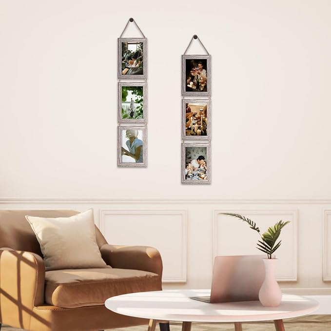 QUTREY 4x6 Picture Frames Collage Rustic, 3 Openings 4 x 6 Vertical Hanging Photo Frames Display 4 by 6 inch Pictures for Wall Decor Home Decor