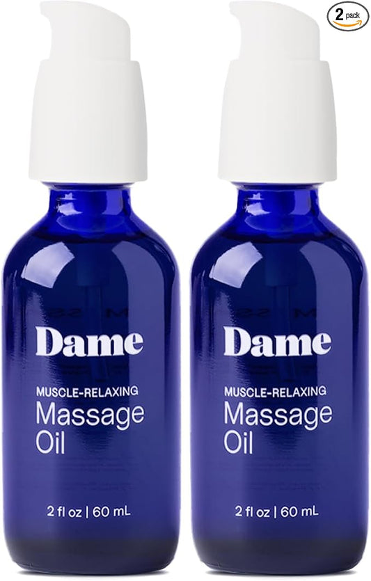 Dame Products Muscle-Relaxing Massage Oil for Women & Men, Sandalwood & Cardamom Body Oil with Jojoba for Massage Therapy, Plant-Based, Non-Greasy, Relaxing Full-Body Massage Oil, 2 fl oz (2 Pack)