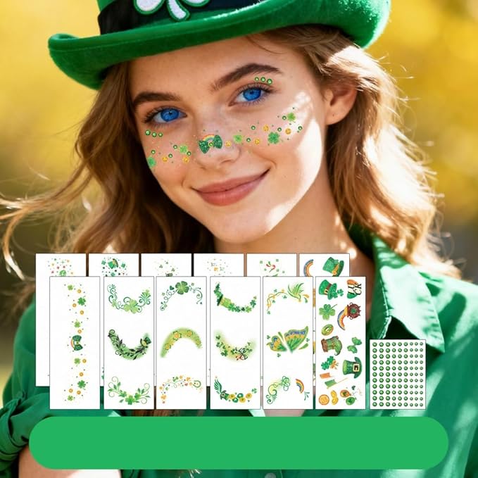 St Patricks Day Temporary Tattoos Green Leaf Blush Face Tattoos Lucky Clover Shamrock Fake Tattoos Cute Bow Star Freckles Face Tattoo Waterproof Makeup Stickers with Green Gems for Girls 12 Sheets