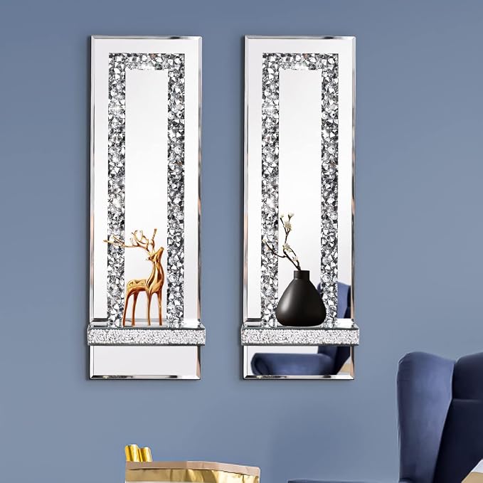 Mirrored Wall Candle Sconces Holder Set of 2, Wall Decor Living Room | Crystal Crushed Diamond Silver Wall Decorations, Ideal for Entryway, Hallway, Bedroom, Dining Room