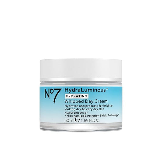 No7 HydraLuminous+ Hydrating Whipped Day Cream - Hyaluronic Acid Facial Moisturizer with 2% Vitamin B3 Niacinamide for Skin Barrier Repair & Visibly Healthy-Looking Skin (1.69 Fl Oz)
