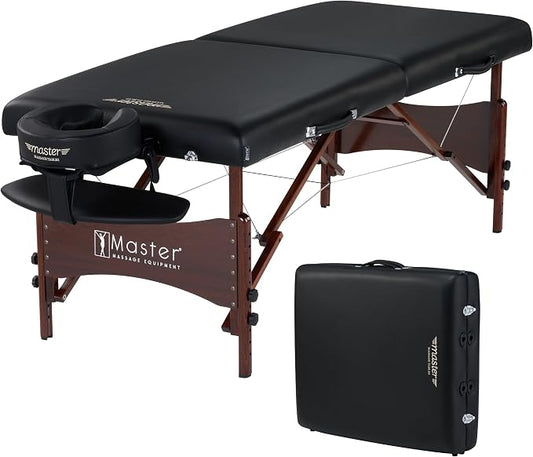 Master Massage 30" Newport Portable Massage Table Package with 2.5" Cushion, Walnut Frame, Steel Cables, Pillow & Accessories – Black