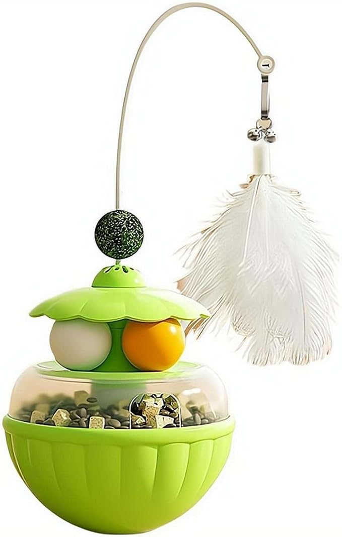 Cat Tumbler Food Dispenser Toy, 3-in-1 Slow Feeder Interactive Cat Puzzle with Dual Track Balls & Feather Wand, Self-Balancing Cat Treat Toy for Indoor Cats, Boredom Buster for Anxiety Relief