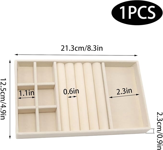 Velvet Jewelry Organizer Tray, Beige 3-in-1 | Stackable Jewelry Storage Display Tray with Removable Dividers for Drawer Dresser Cloest Organizer