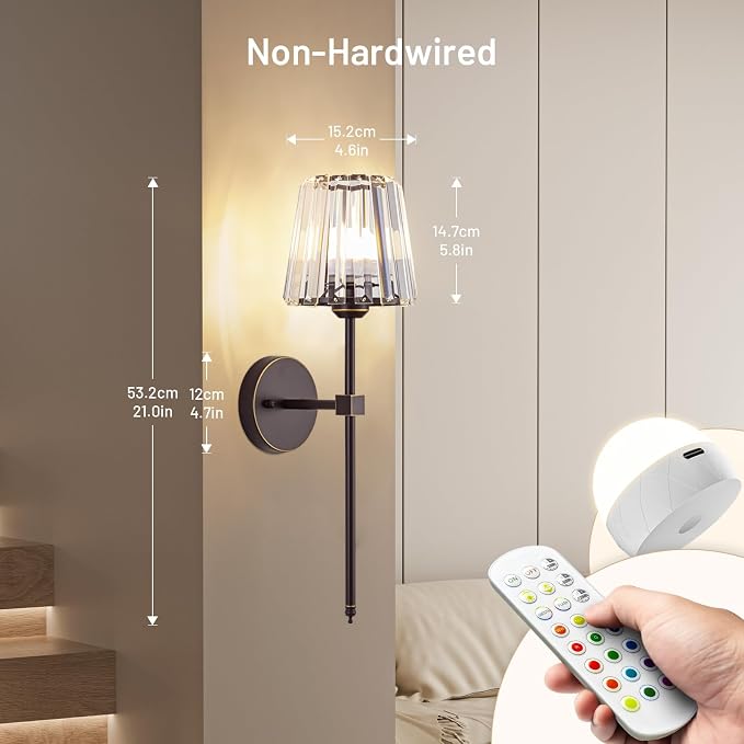 Crystal Battery Operated Wall Sconces Set of 2, Brown and Gold Rechargeable Wireless Wall Lights with Crystal Lampshade, 12 RGB and 3CCT Dimmable Wall Lamps with Remote for Bedroom Living Room Hallway