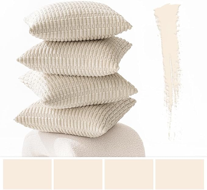 MIULEE Pack of 4 Cream White Corduroy Christmas Decorative Throw Pillow Covers 18x18 Inch Soft Boho Striped Pillow Covers Modern Farmhouse Home Decor for Sofa Living Room Couch Bed | Boho Farmhouse Modern Retro Soft Striped Pillow Covers,Home Decor for...