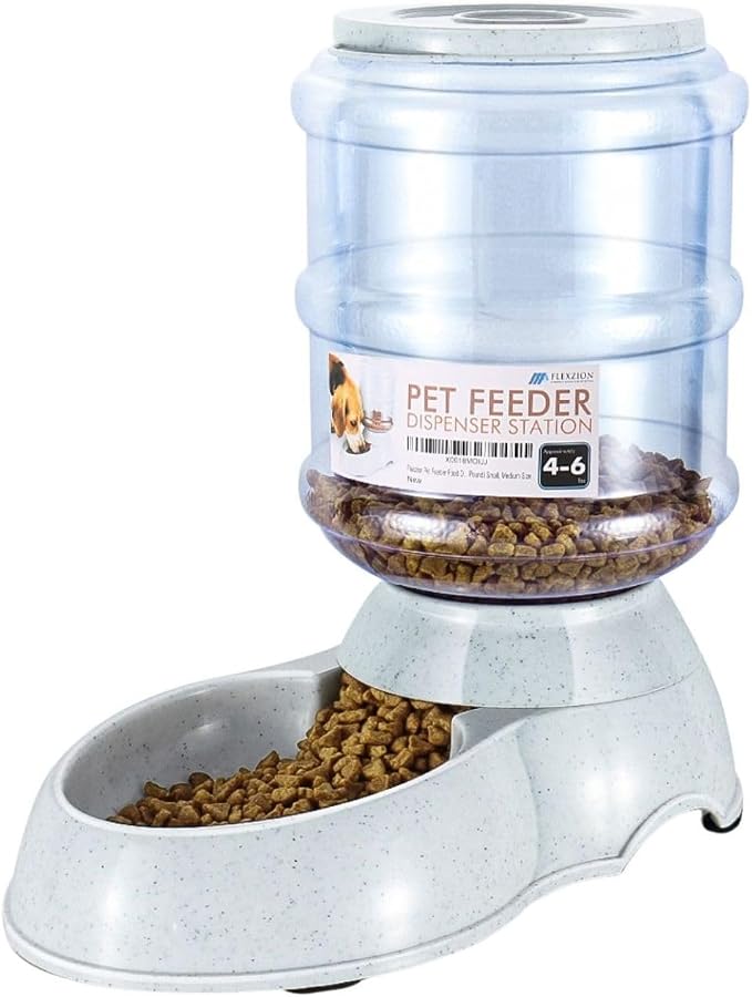 Flexzion Gravity Pet Feeder, Dog and Cat Food Dispenser, 1-Gallon Capacity | Self-Replenishing Dry Food Station with Non-Skid Feet and a Carry Handle; Holds Approximately 4-6 Lb Of Kibble