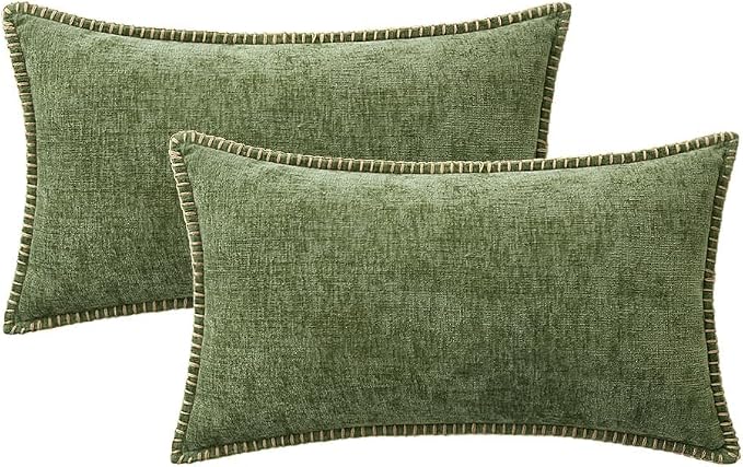 MIULEE Decorative Lumbar Throw Pillow Covers 12x20 Inch Sage Green 2 Pack | Farmhouse Pillow Covers with Stitched Edge, Soft Chenille Cushion Cases, for Couch Sofa Bed Living Room Home Decor