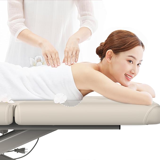 Electric Massage Bed with Adjustable Height and Backrest, Electric Massage Table for Treatment, Physical Therapy and Spa Facial Bed, 2 Motor, Hydraulic Equipment, Remote Control, 32 W x 75 L, Beige