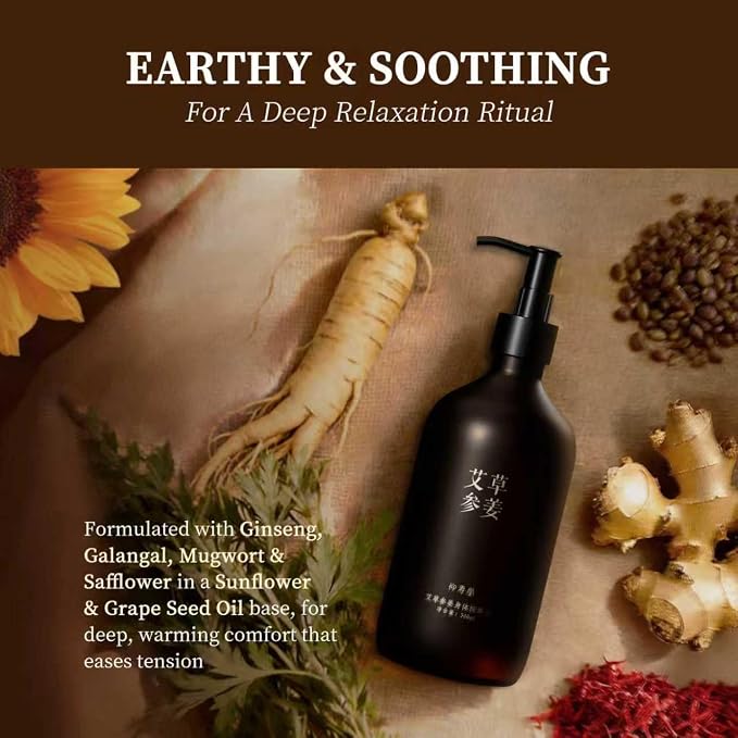 Warming Body Massage Oil for Sore Muscle Massage Therapy 10.1 Fl Oz, Massage Oil for Deep Muscle Relaxing & Joint Comfort, Body Oil Infused with Mugwort, Galangal & Ginseng, All Skin Types Men & Women