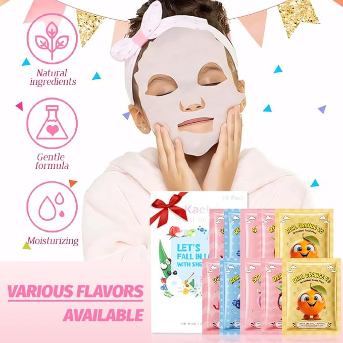 Kaely 10 Pack Fruit Face Masks for Kids, Kids Face Mask Spa Day Kit Supplies, Spa Party Favors for Teens Girls Women, Sheet Facial Mask Skincare Gifts Set, Moisturize Soothe for All Skin Types, 03
