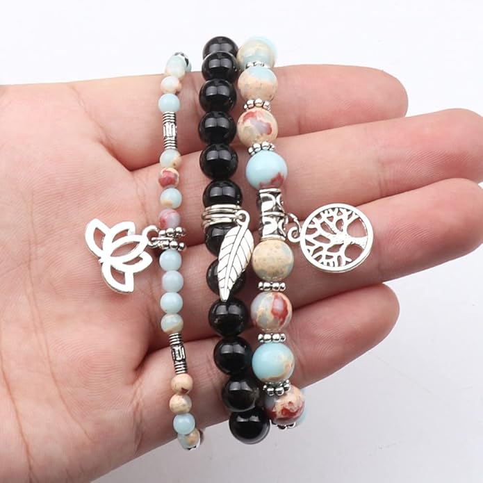 UEUC Tree of Life Yoga Healing Stone Bracelets,Multilayer Lotus Chakra Stone Reiki Bracelet Sets,Anxiety Crystal Natural Stone,for Women Stress Relief