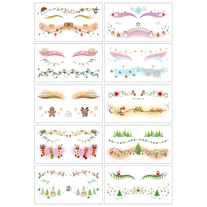 Christmas Temporary Tattoos Snowflake Christmas Tree Blush Face Tattoos Mixed Styles Cartoon Elk Eye Fake Tattoos Cute Holographic Stickers Waterproof Face Stickers for Girls Body Art Makeup 10 Sheets