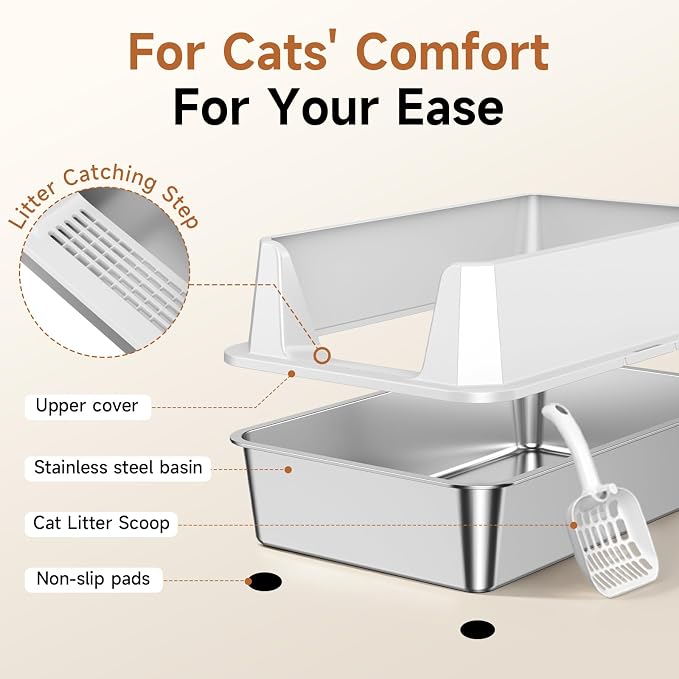 XL Stainless Steel Cat Litter Box with Plastic Enclosure & Scoop | Large Size,High Sided,Easy Clean, Odor Control,Non Stick, Anti-Leak,Open Top