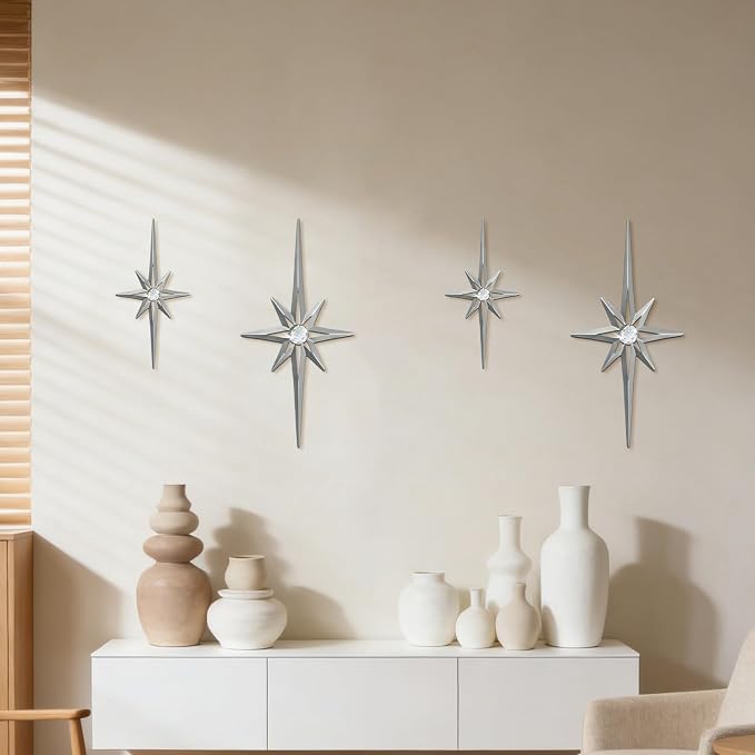 sxnzequnze 4 Pcs Star Wall Art for Home Decor Living Room Bedroom Office Metal 3D,Bling,with Hanging Hook Starburst Midcentury Sculpture Retro Gallery Accent Celestial -Silver 16.5in/9.4in