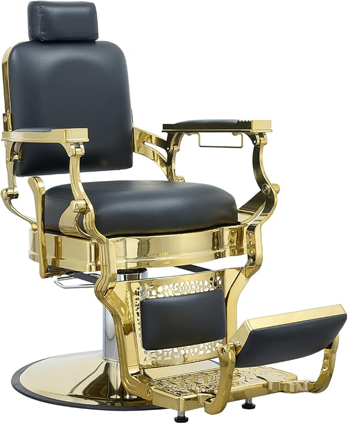 FRNIMAC Heavy Duty Barber Chair, All Purpose Vintage Style Mens Barber Chair Hydraulic Recline Salon Chair Barbershop Equipment for Beauty Spa Tatoo Massage, Golden and Black