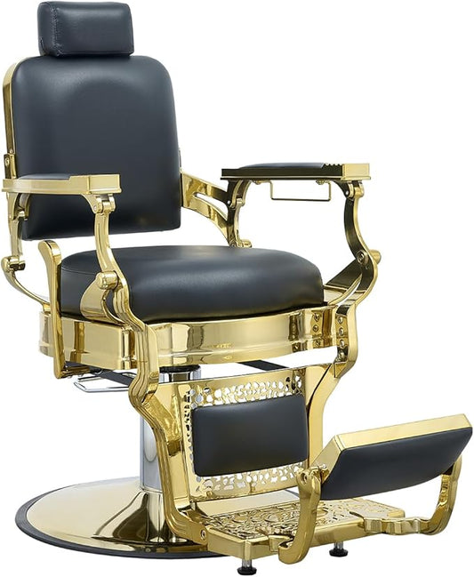 FRNIMAC Heavy Duty Barber Chair, All Purpose Vintage Style Mens Barber Chair Hydraulic Recline Salon Chair Barbershop Equipment for Beauty Spa Tatoo Massage, Golden and Black
