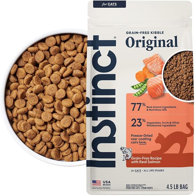 Instinct Original Dry Cat Food, Raw Coated Kibble, Real Salmon, 4.5 lb. Bag | Raw-coated kibble with wild-caught salmon for strong muscles, digestive health, and healthy skin & coat, grain-free