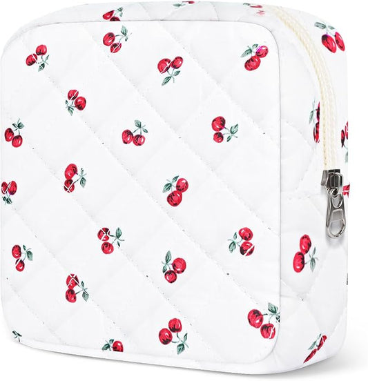 Likesing Quilted Period Bag, Period Pouches for Teen Girls Womens, Portable Floral Print Sanitary Napkin Storage Bag Feminine Emergency Tampon Pad Pouch(Cherry White)