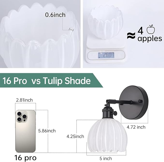 Shenmoyl Vintage Battery Operated Wall Sconce with White Tulip Glass Lampshade Rechargeable Battery Powered Black Wall Light with Remote Control for Bedside Bedroom Doorway, Set of 2