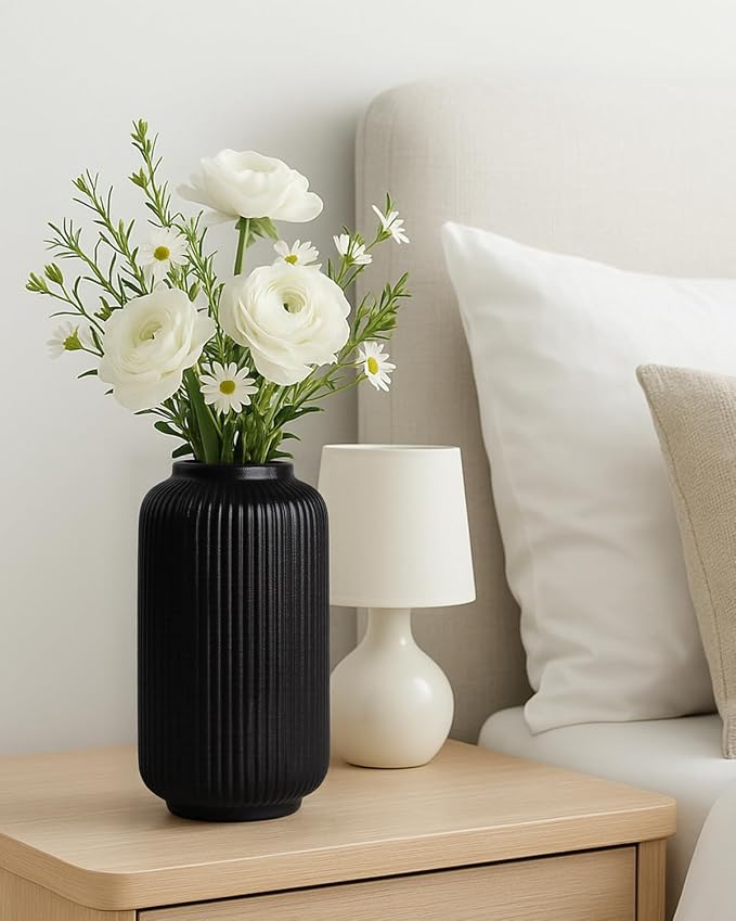 Black Ceramic Vase, 8 Inch Modern Flower Vase for Bouquet and Pampas Grass, Matte Frosted Large Opening Decorative Vase for Farmhouse Table, Shelf Decor