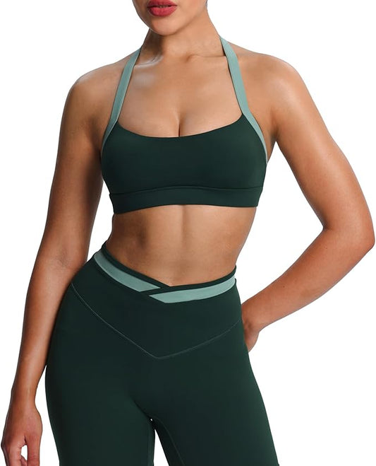Aoxjox Women's Color Block Halter Workout Sports Bras Fitness Athletic Vanessa Bra Yoga Crop Tank