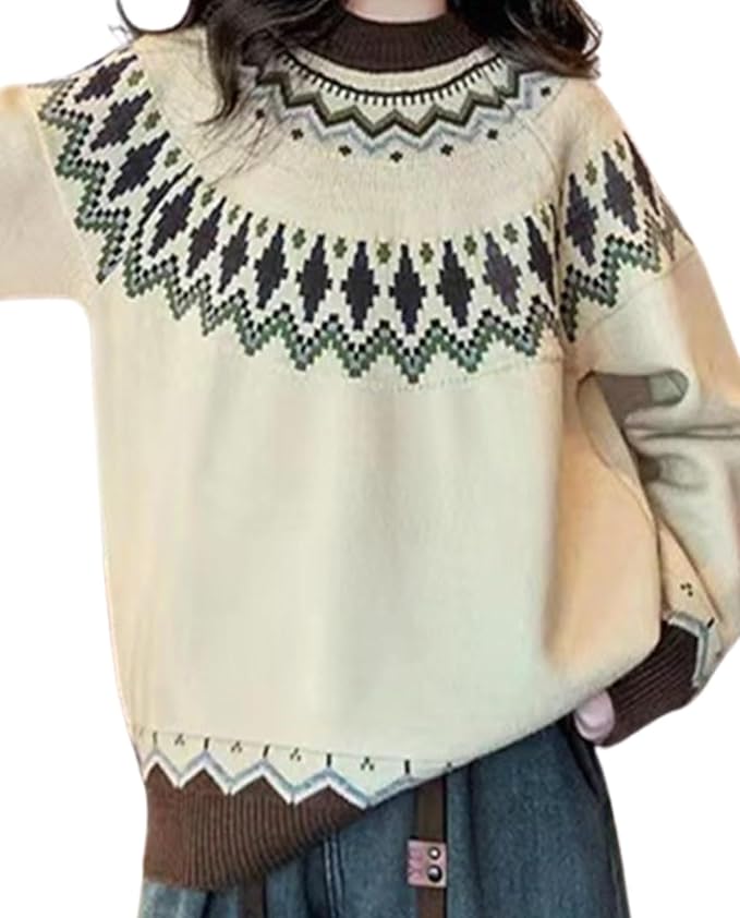 Zhyaj Fair Isle Sweater for Womens Winter Long Sleeve Vintage Knitted Sweater Casual Fall Crew Neck Pullover Sweaters