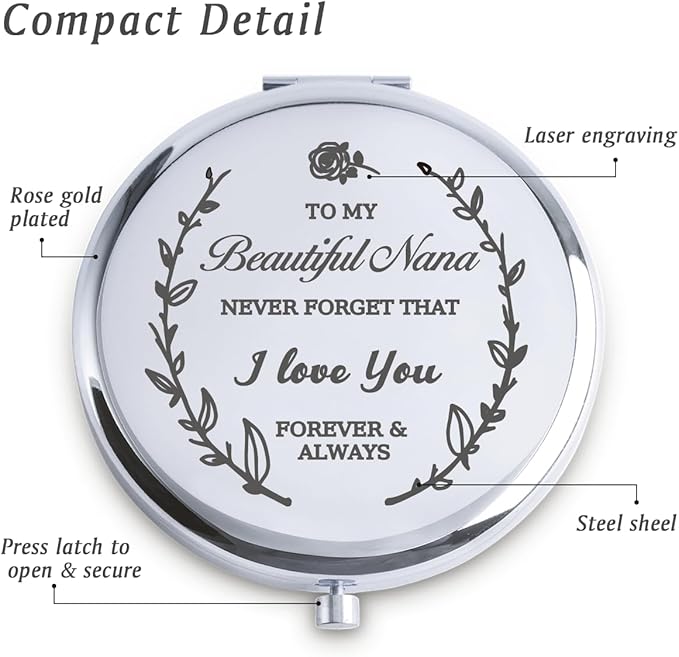 Nana Gifts from Granddaughter Grandson, Personalized Gift for Nana, Custom Compact Mirror, Goodie Bag & Basket Stuffers for Valentines Day, Mothers Day, Birthday, Wedding