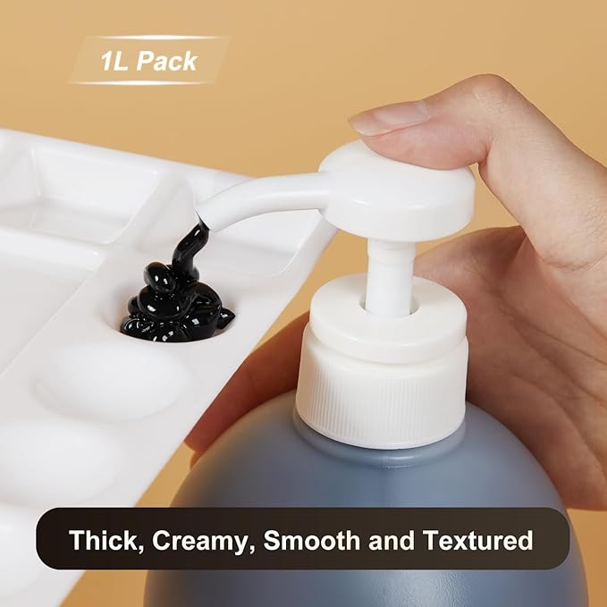 Black Acrylic Paint | 1L / 33.8 fl oz Pump Bottle with Handle Grip | Premium Artist Quality, High Coverage & Easy Dispense for Canvas, DIY Crafts & Murals