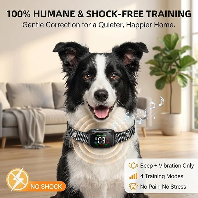 Anti Bark Vibration Collar Device for Large Medium Small Dogs 6-150lbs Smart Ai Automatic Puppy Dog Beep No Shock Barking Training Collars Rechargeable IP67 Waterproof Adjustable 8 Sensitivity