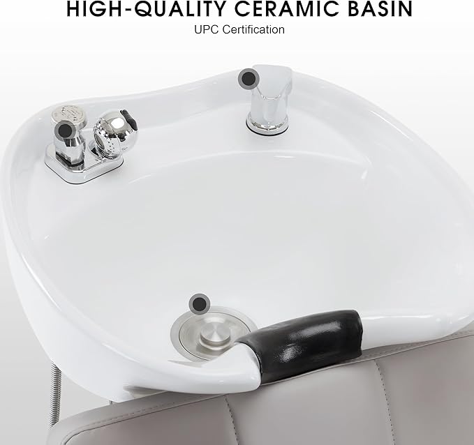 BarberPub Backwash Shampoo Station Chair, Adjustable Porcelain Ceramic Hair Wash Bowl, Vacuum Breaker, Professional Shampoo Chair and Bowl Unit for Salon and Spa 9309 (Gray)