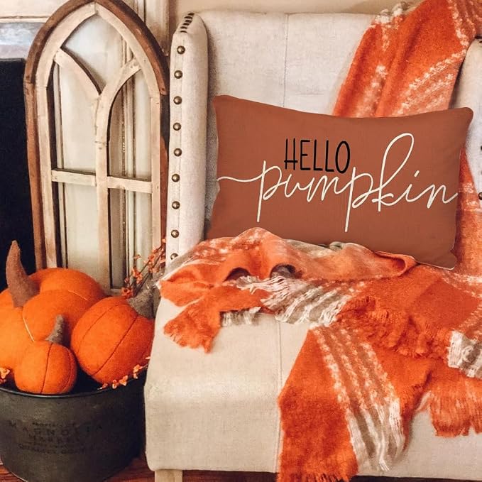 RABUSOFA Fall Pillow Covers 12x20 Inch,Rust Autumn Hello Pumpkin Pillows Decorative Throw Pillows,Lumbar Outdoor Thanksgiving Cushion Cover Farmhosue Fall Decor for Bedroom Couch Sofa