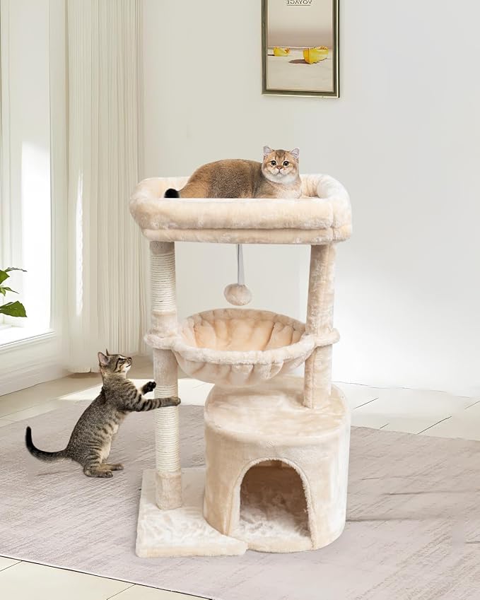 SYANDLVY Small Cat Tree for Indoor Cats, Kittens Condo with Scratching Post | Modern Activity Tower with Cradle & Hanging Ball for Play Rest, Beige