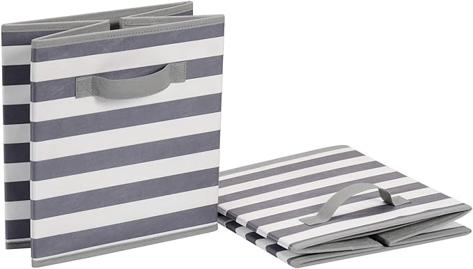 Amazon Basics Collapsible Fabric Storage Bins with Handles, Cube Organizer for Organizing, 13"x13"x13", White/Light Grey Stripe, 6-Pack