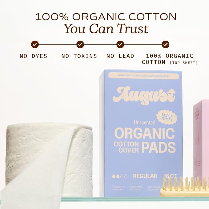 August Regular Cotton Menstrual Pads, 72-Pack Ultra Thin Pads with Wings, Hypoallergenic Sanitary Napkins with Organic Cotton Topsheet, Compostable Wrappers, Toxin Free, Fragrance Free