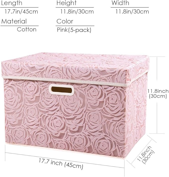 Large Foldable Storage Boxes with Lids [5-Pack] Fabric Decorative Storage Bin Cubes Organizer Containers Baskets with Cover Handles for Bedroom Closet Nursery Pink 17.7x11.8x11.8 Inch