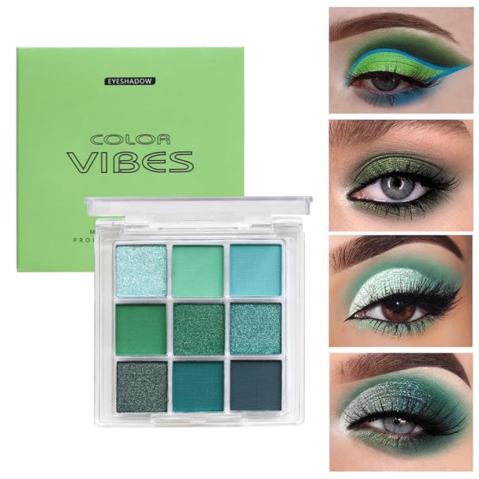 9 Colors Green Glitter Matte Eyeshadow Makeup Palette, Elphaba Witch Costume Eyeshadow Makeup, Highly Pigmented Bright Neon Dark Green Eye Shadow for Fairy Joker Goth Wicked Halloween Parties Makeup