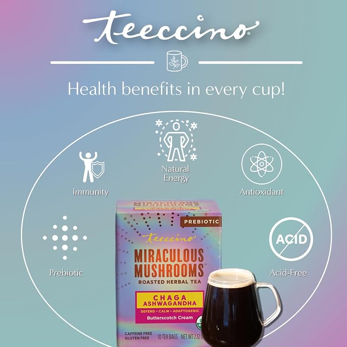 Teeccino Chaga Ashwagandha Tea - Butterscotch Cream - 10 TeaBags - Organic Mushroom Adaptogenic Herbal Tea, 3x More Herbs than Regular Tea Bags, Prebiotic, Caffeine Free, Gluten Free